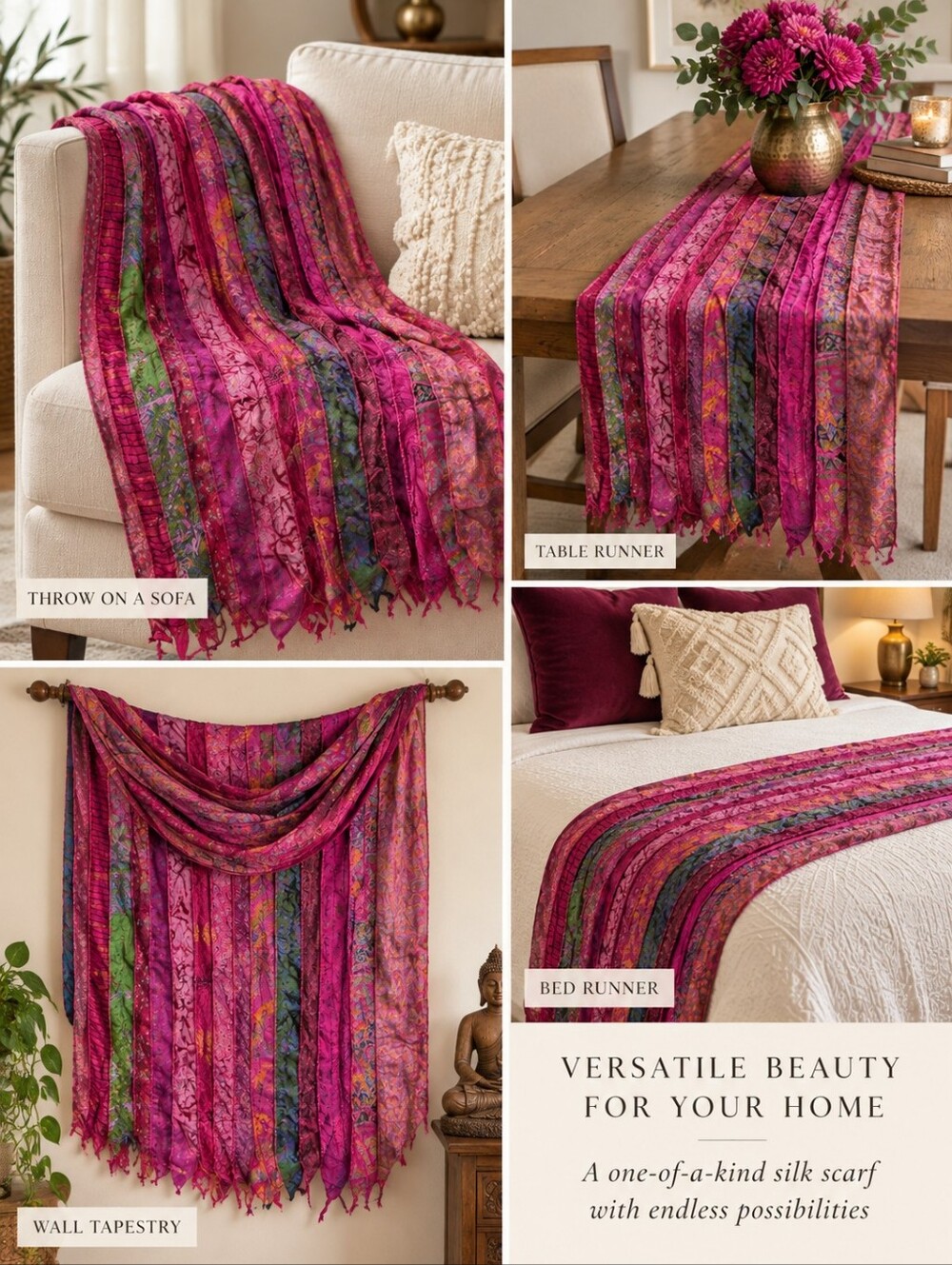 Silk Scarf 17" X 70" Patchwork Ribbon Bright Colorful Rainbow Pink Purple Unique